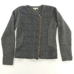 Maryline Cardigan Women L Sweater Moto Zipper Gray Black Wool Blend Mixed Media
